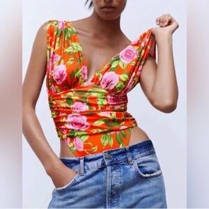 ZARA Red Tropical Plunge Floral Print Draped Snap Crotch Banded Waist Bodysuit